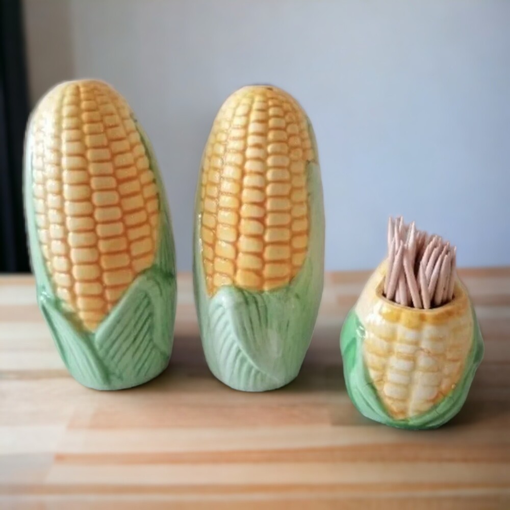 Vintage Corn On The Cob Salt Pepper Shakers With Toothpick Holder Ceramic
